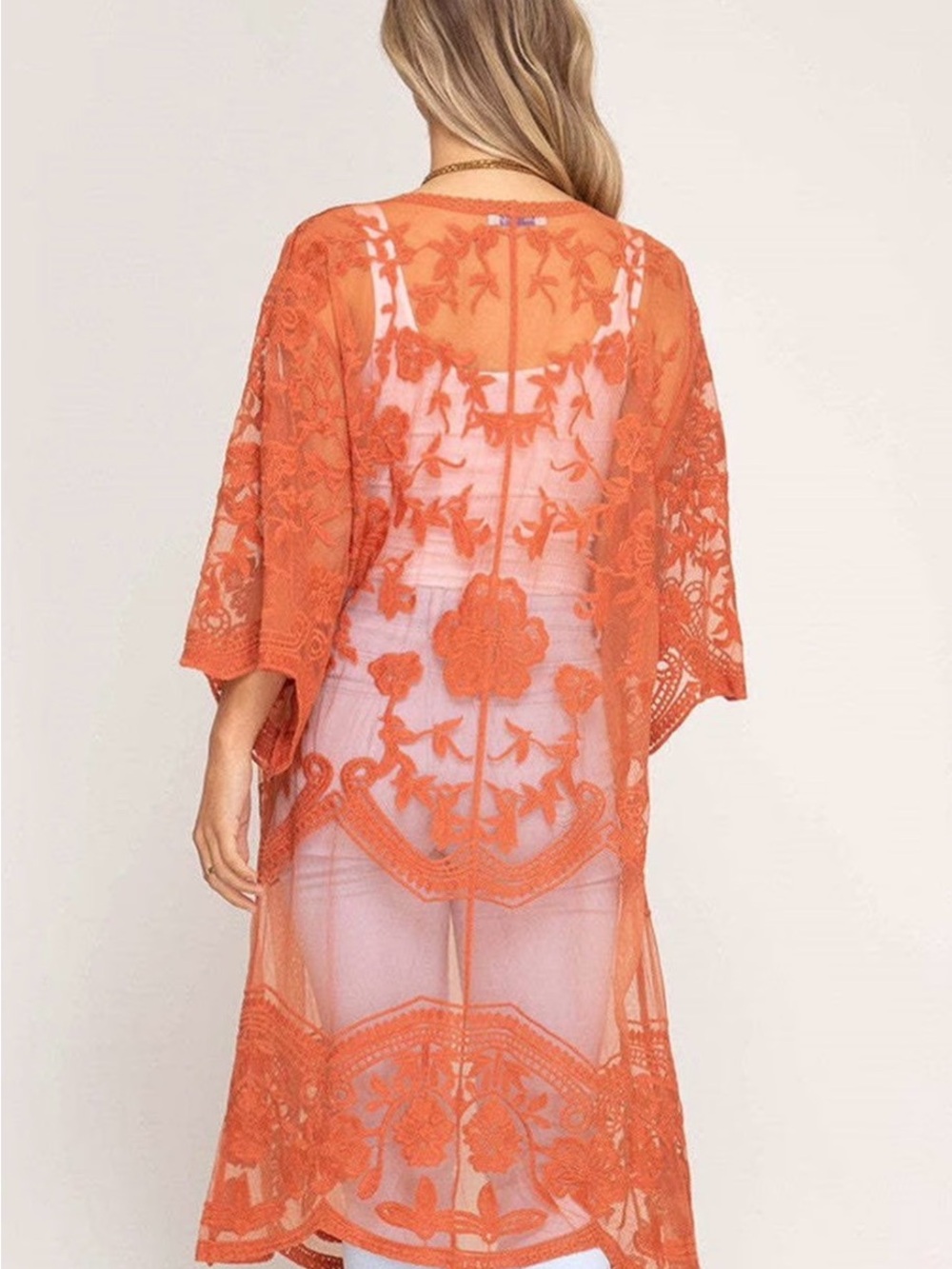 Dizzy Gal Coral Pink Floral Lace Sheer Mesh Long Kimono Duster Cardigan Medium - Picture 8 of 14
